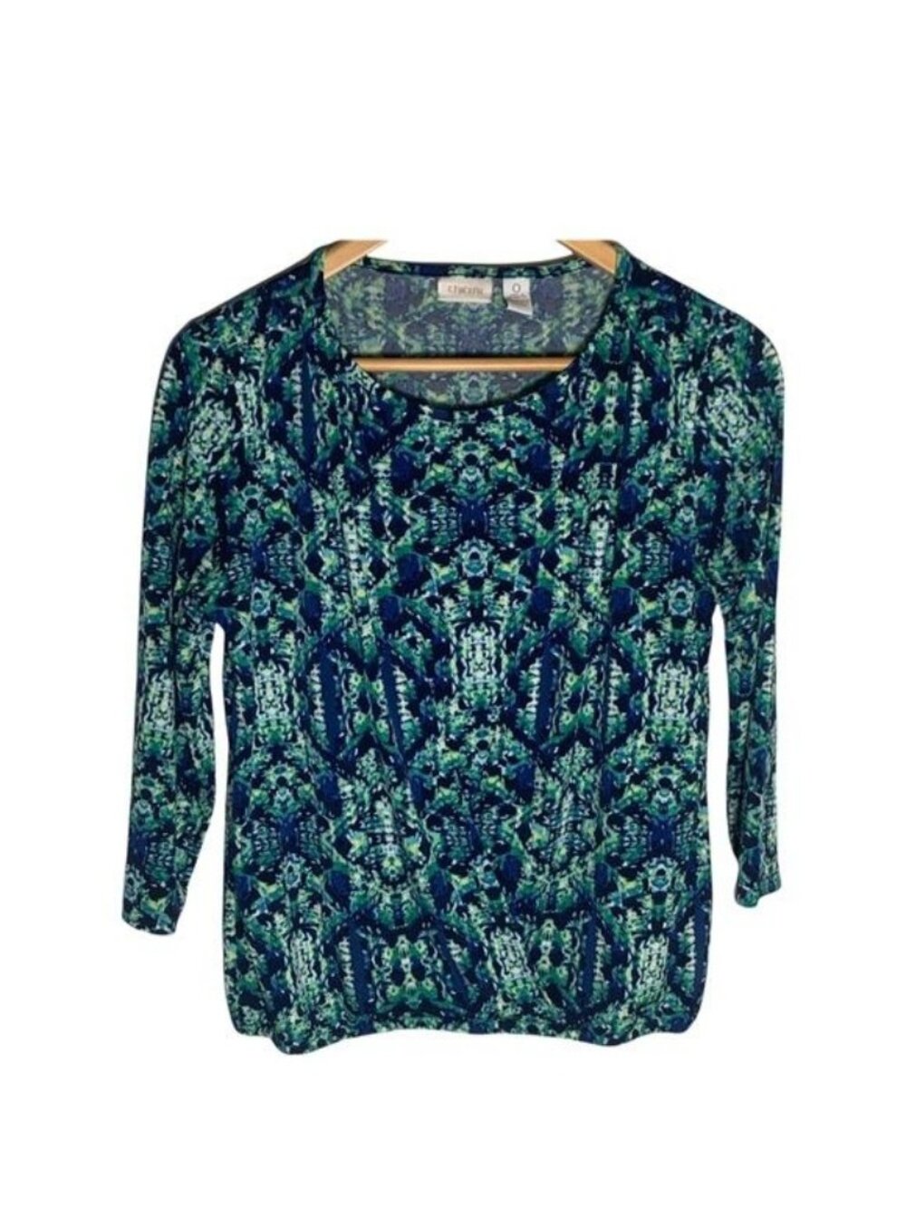 Chicos Womens 0 Blue Green Paisley Print Blouse Long Sleeve Boho Top